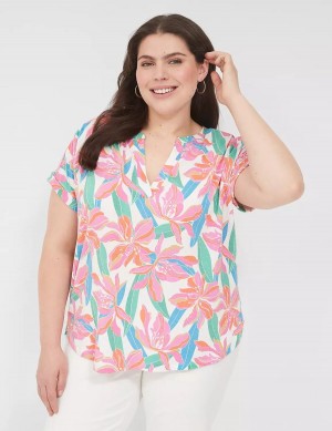 Lane Bryant Relaxed Gauze Notch-Neck Women Shirts Pink Blue | TRV7183MC