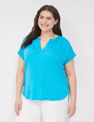 Lane Bryant Relaxed Gauze Notch-Neck Women Shirts Blue | UWO9369CJ