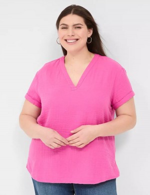 Lane Bryant Relaxed Gauze V-Neck Popover Women Shirts Fuchsia | PYP9942WF