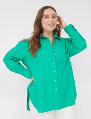 Lane Bryant Relaxed Linen Button-Down Women Shirts Turquoise | ZBU9428PX