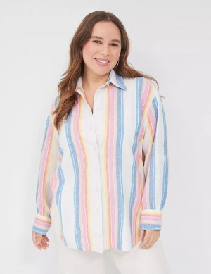 Lane Bryant Relaxed Linen Button-Down Women Shirts White Multicolor Stripes | CRD5815CR