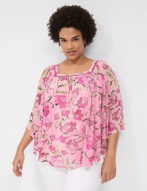 Lane Bryant Relaxed Square-Neck Trimmed Circle Drama Top Women Blouse Pink | SXC3897VX