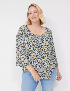 Lane Bryant Relaxed Square-Neck Trimmed Circle Drama Top Women Blouse Blue Coral | HXV3393EI