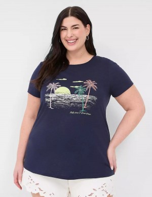 Lane Bryant Rhinestone Palm Trees & Ocean Breeze Graphic Tee Women T Shirts Blue | FZW9948XR