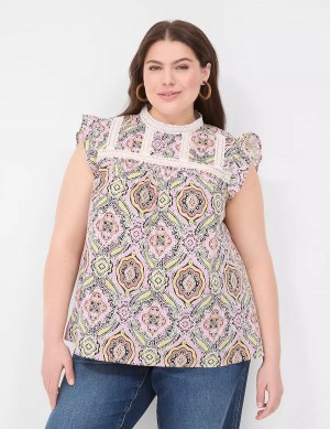 Lane Bryant Ruffle Cap-Sleeve Lace-Trim Top Women T Shirts Multicolor | CQD7438EA