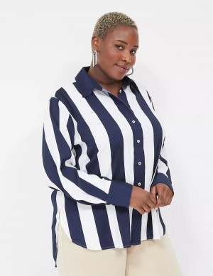 Lane Bryant Satin Easy Collared Stripe Button-Down Women Shirts Navy White Stripes | JJB9993GU