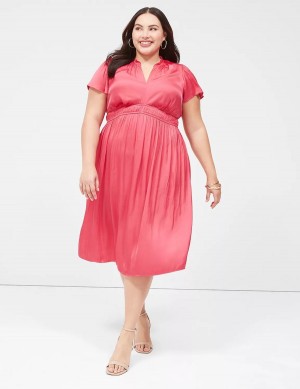 Lane Bryant Satin Flutter-Sleeve Ruffle V-Neck Women Midi Dress Pink | KDZ6877HP