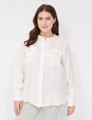 Lane Bryant Satin Long-Sleeve Button-Front Women Blouse White Rose | GUW5122IK