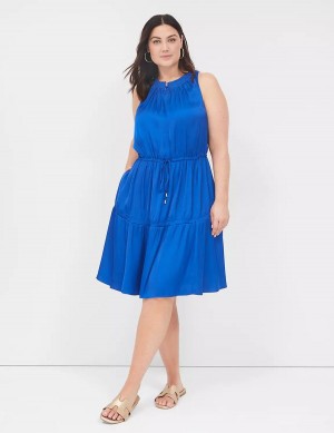 Lane Bryant Satin Smocked-Neck Tie-Waist Women Casual Dress Blue | VKO6977RS