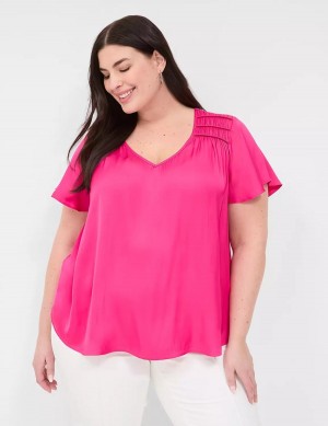 Lane Bryant Satin Smocked-Shoulder Women Blouse Pink | XJQ1284MB