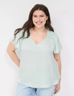 Lane Bryant Satin Smocked-Shoulder Women Blouse Light Green | AWG6424PM