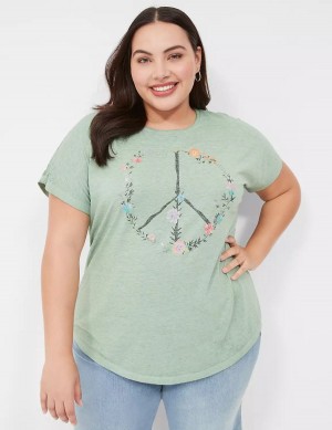 Lane Bryant Scoop-Neck Peace Flowers Graphic Tee Women T Shirts Light Green | VCO3164TA