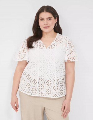 Lane Bryant Sheer Flutter-Sleeve Eyelet Top Women T Shirts White | XBL8167CC