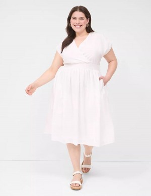 Lane Bryant Shirred-Shoulder Smocked-Waist Women Midi Dress White | KIM9194VK