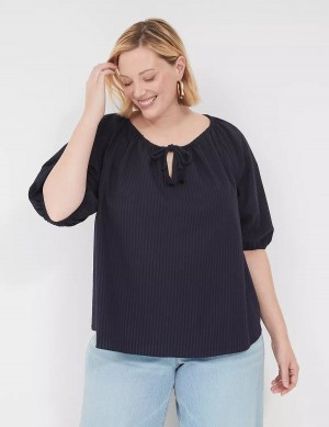 Lane Bryant Short-Sleeve Split-Neck Popover Women Blouse Blue | SZH322YA