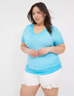 Lane Bryant Short-Sleeve V-Neck Side-Ruched Tee Women T Shirts Blue | DKF2171RK