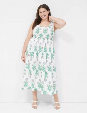 Lane Bryant Smocked-Bodice Women Midi Dress White Green | ZMW6297BC