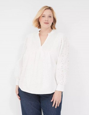 Lane Bryant Split-Neck Eyelet & Knit Women Blouse White | KXN363YI