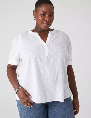 Lane Bryant Split-Neck Jacquard Popover Women Blouse White | MLE9654QQ