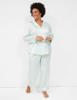 Lane Bryant Stretch Satin Shirt & Pant PJ Set Women Pajamas Green Stripes | DIJ3560NI