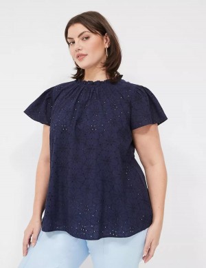 Lane Bryant Subtle Swing Cap Ruffle-Sleeve Eyelet & Knit Top Women T Shirts Blue | EGX5210IM