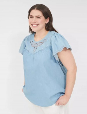 Lane Bryant Swing Eyelet-Trim Popover Women Blouse Blue | ARP6940ZV