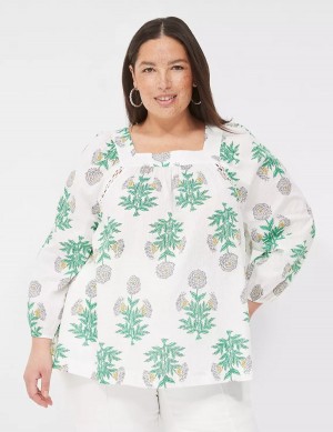 Lane Bryant Swing Square-Neck Peasant Women Blouse White Green | ZTW6411NN