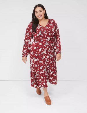 Lane Bryant Textured Satin Long-Sleeve Wrap-Skirt Women Midi Dress Red | QDO2394BB