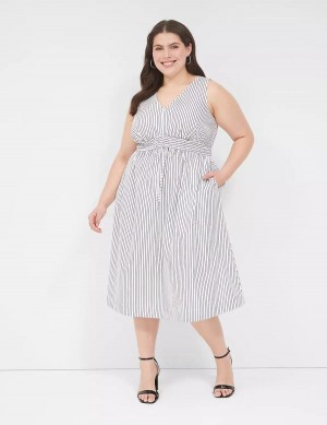 Lane Bryant V-Neck Elastic-Waist Women Midi Dress White Black Stripes | HNI9760VO