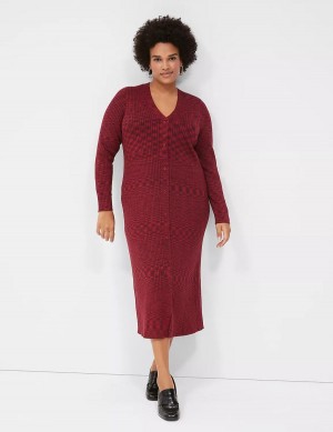 Lane Bryant V-Neck Rib Sweater Women Midi Dress Dark Red | FDC4365WV