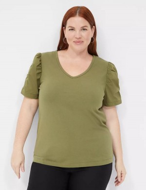 Lane Bryant Woven Puff-Sleeve V-Neck Knit Tee Women T Shirts Green | BDV9381ZI