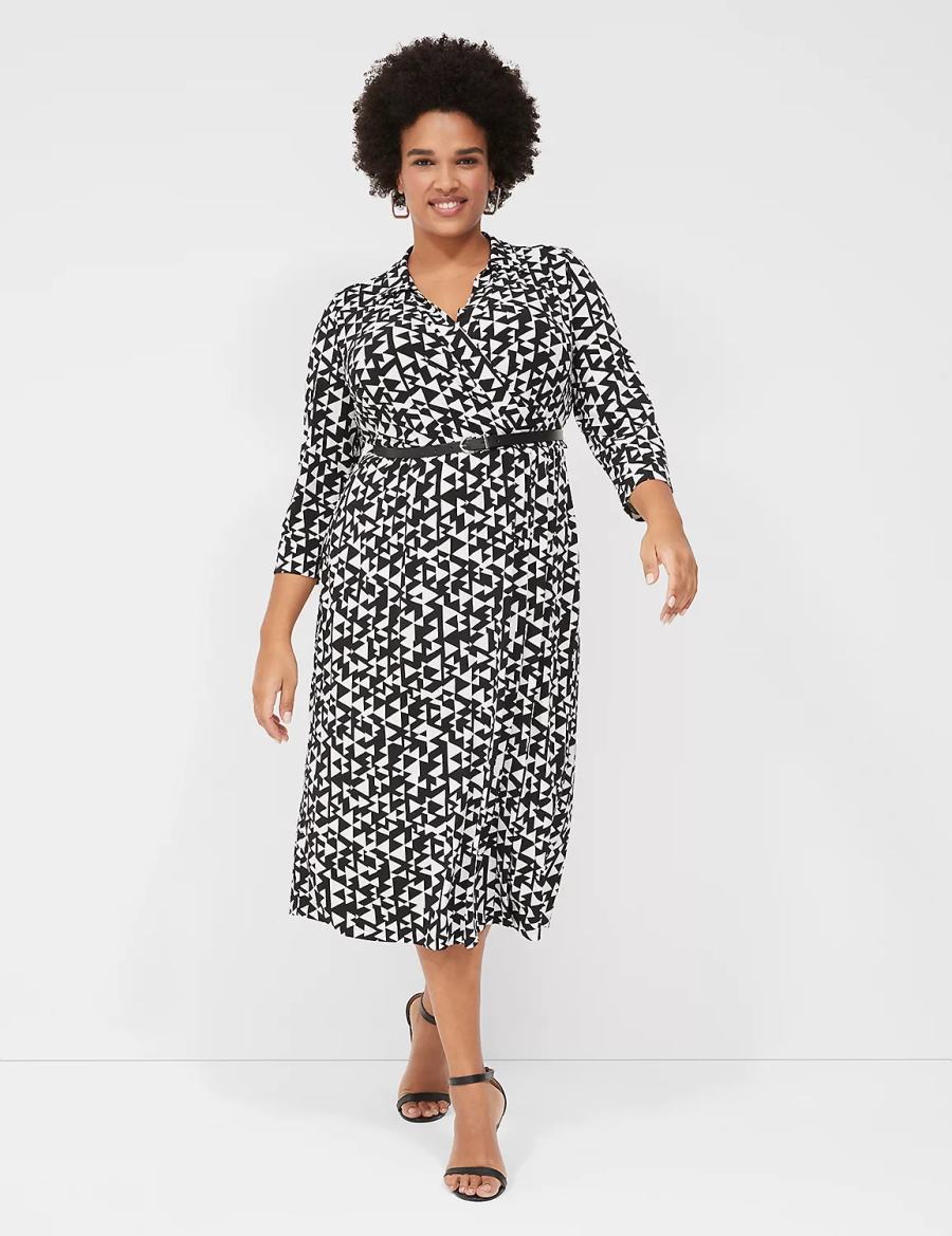 Lane Bryant 3/4-Sleeve Collar Faux-Wrap Jersey Women Midi Dress Black | ACY2252FD