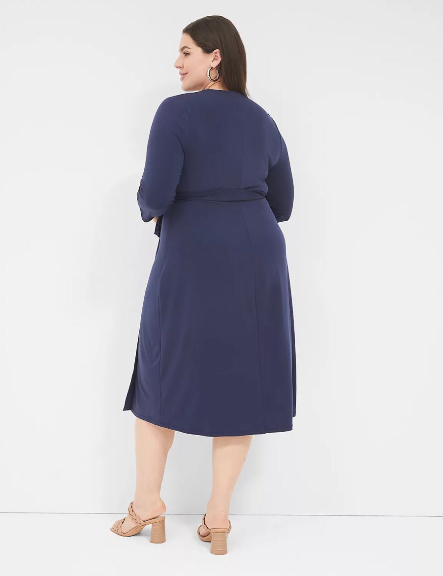 Lane Bryant 3/4-Sleeve Faux-Wrap Jersey Women Midi Dress Blue | TWW4742MN