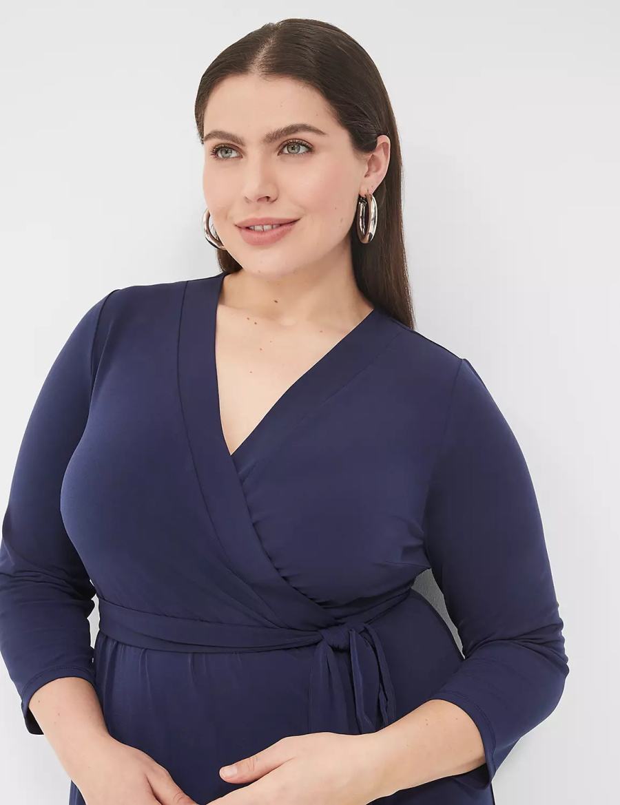 Lane Bryant 3/4-Sleeve Faux-Wrap Jersey Women Midi Dress Blue | TWW4742MN