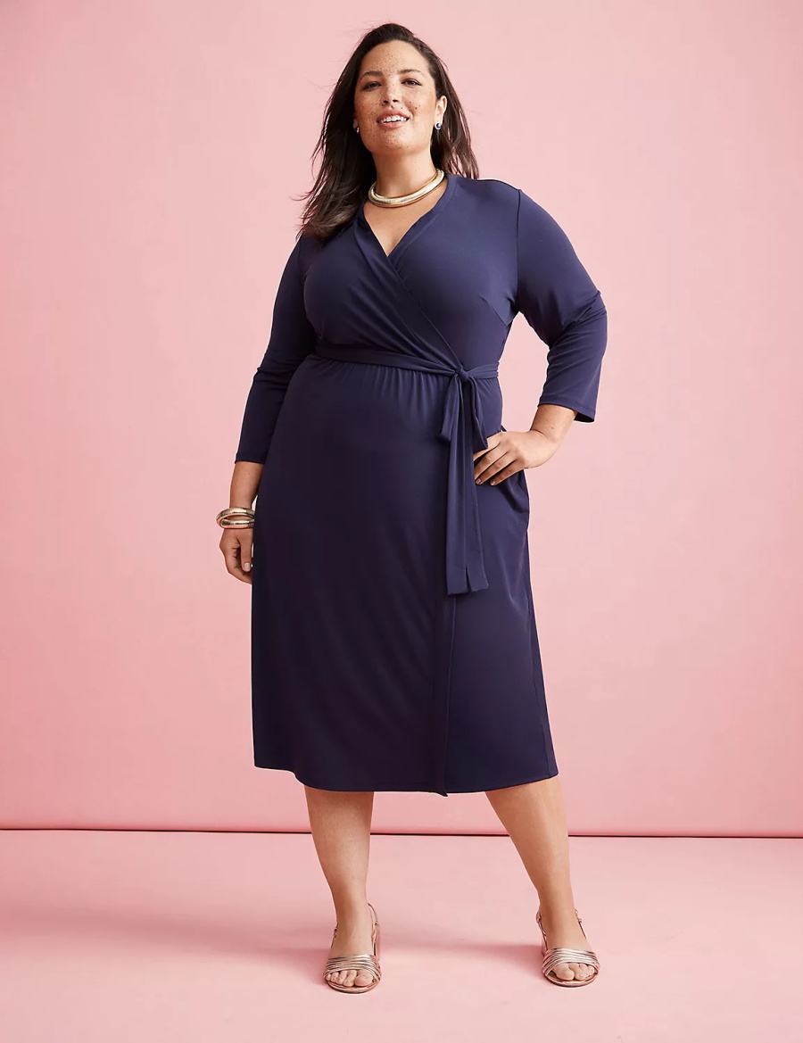 Lane Bryant 3/4-Sleeve Faux-Wrap Jersey Women Midi Dress Blue | TWW4742MN