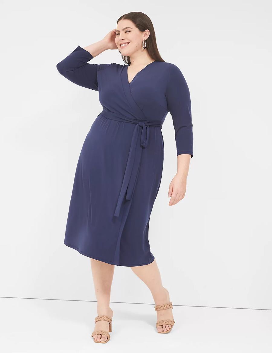 Lane Bryant 3/4-Sleeve Faux-Wrap Jersey Women Midi Dress Blue | TWW4742MN