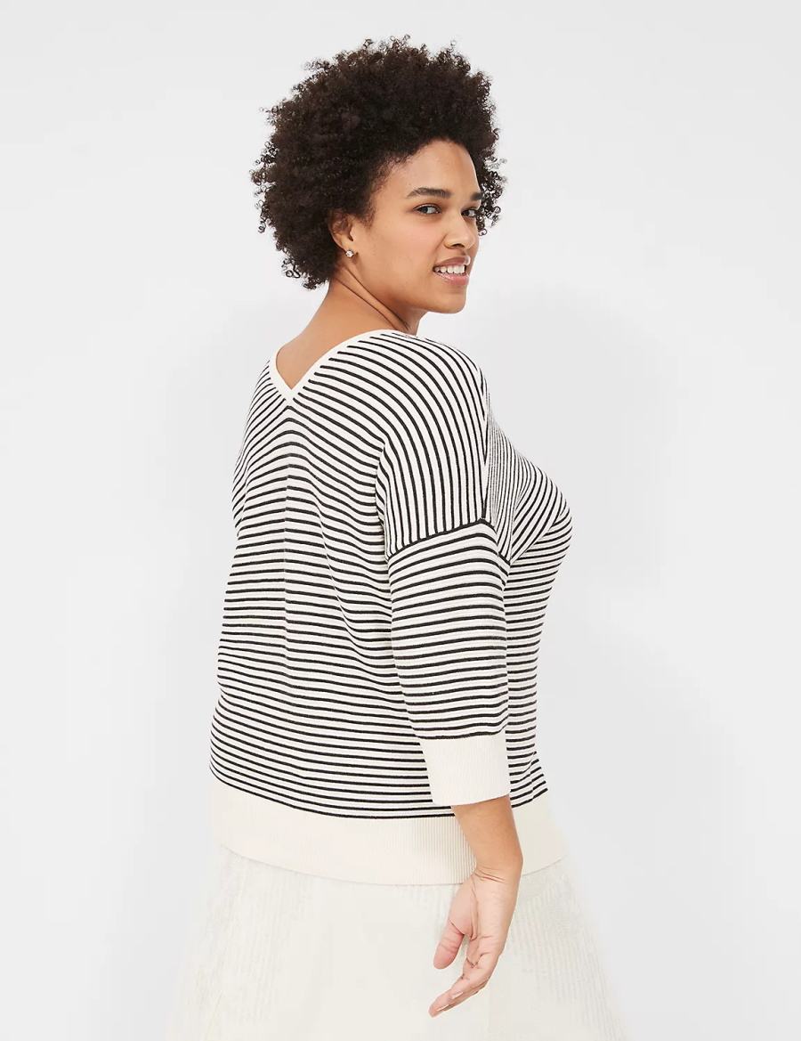 Lane Bryant 3/4-Sleeve V-Neck Striped Women Sweaters White Black | LSG2792YL