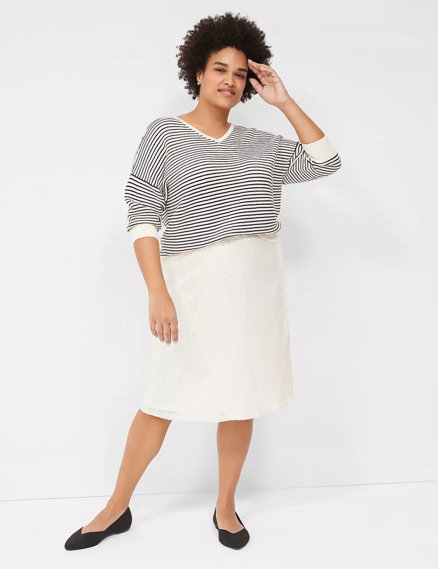 Lane Bryant 3/4-Sleeve V-Neck Striped Women Sweaters White Black | LSG2792YL