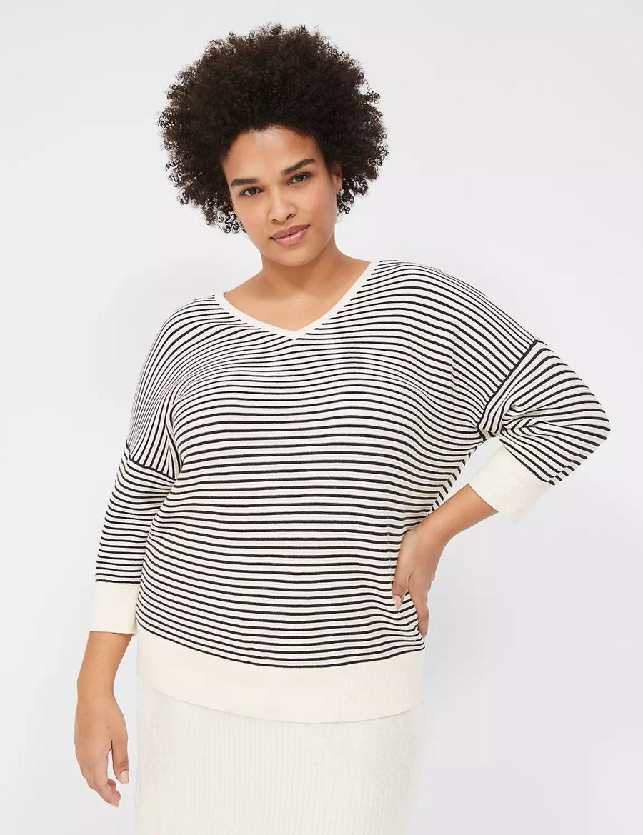 Lane Bryant 3/4-Sleeve V-Neck Striped Women Sweaters White Black | LSG2792YL