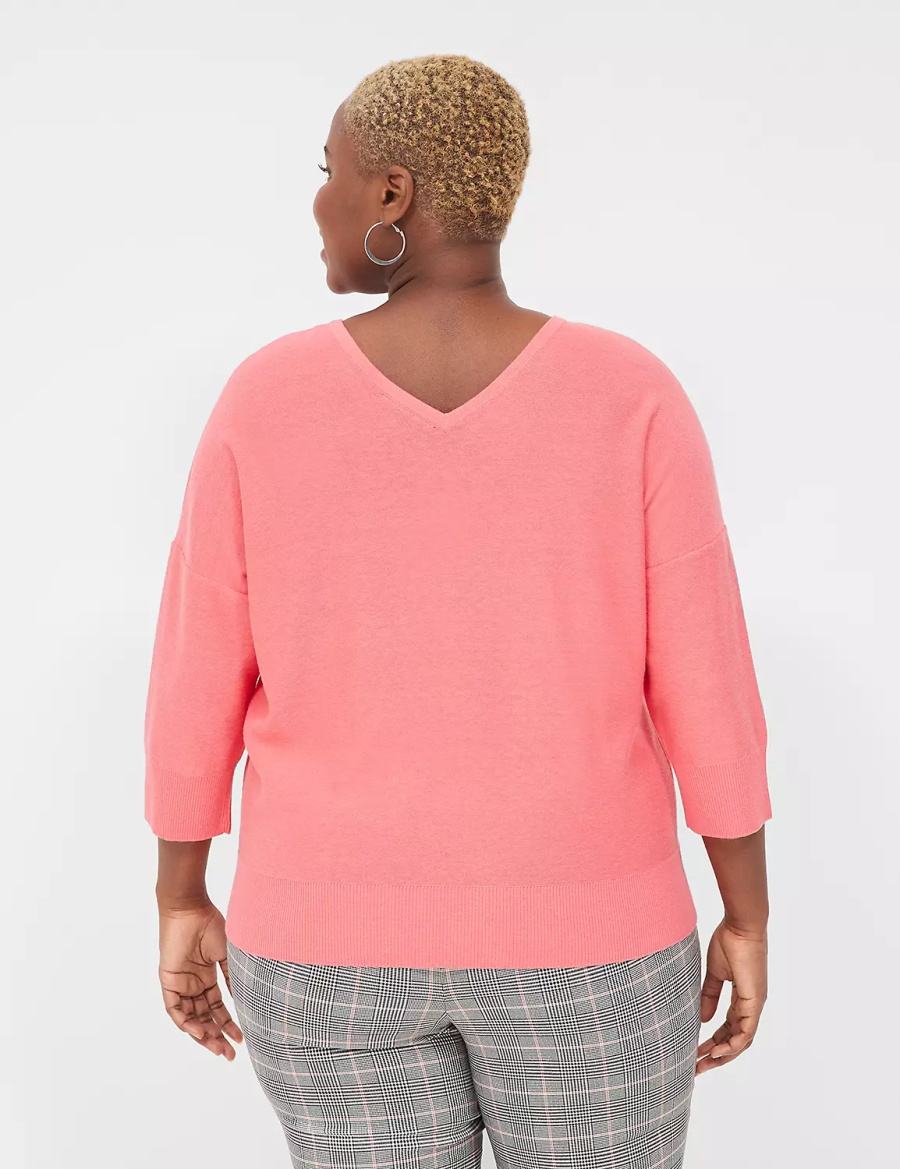 Lane Bryant 3/4-Sleeve V-Neck Women Sweaters Coral | PVK5680ST