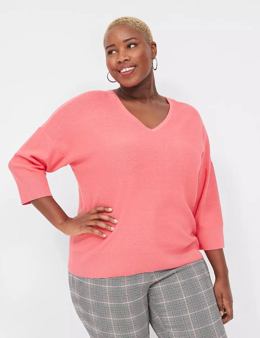 Lane Bryant 3/4-Sleeve V-Neck Women Sweaters Coral | PVK5680ST