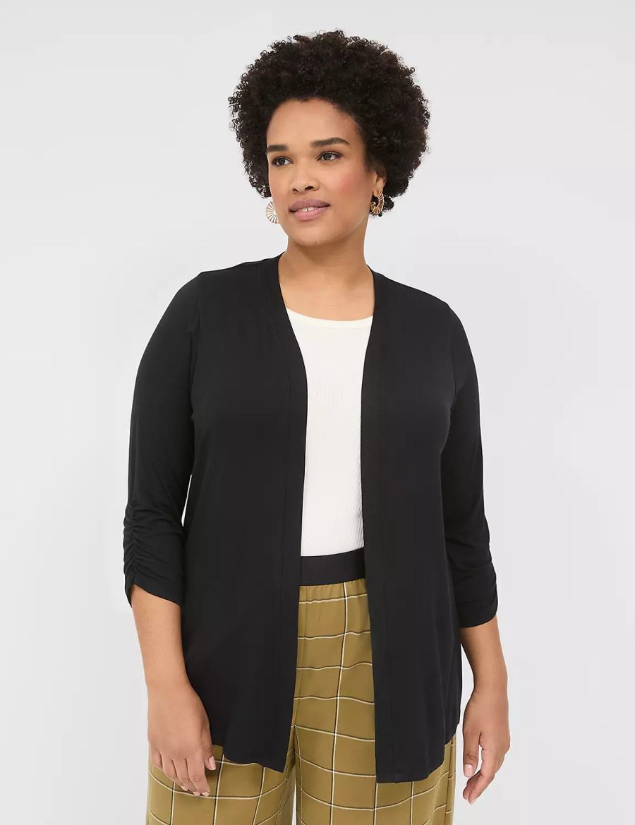 Lane Bryant 3/4 Ruched-Sleeve Open-Front Overpiece Women Robe Black | UCV8869OX