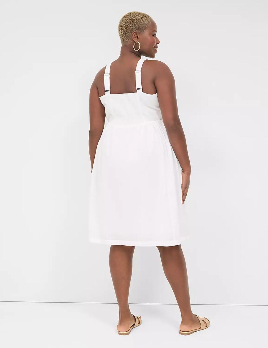 Lane Bryant Applique-Bodice Smocked-Back Women Midi Dress White | BKU73100YI