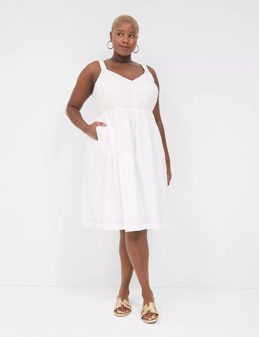 Lane Bryant Applique-Bodice Smocked-Back Women Midi Dress White | BKU73100YI