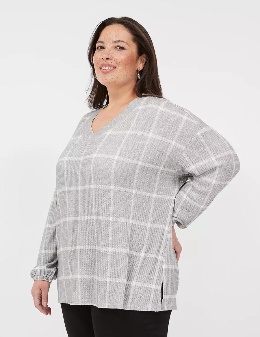 Lane Bryant Blouson-Sleeve V-Neck Waffle Tunic Women T Shirts Grey | ROO274BL