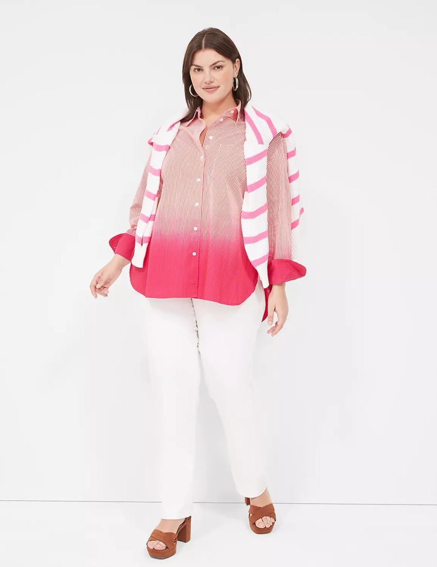 Lane Bryant Button-Down Boyfriend Women Shirts Pink Stripes | NPA531SQ