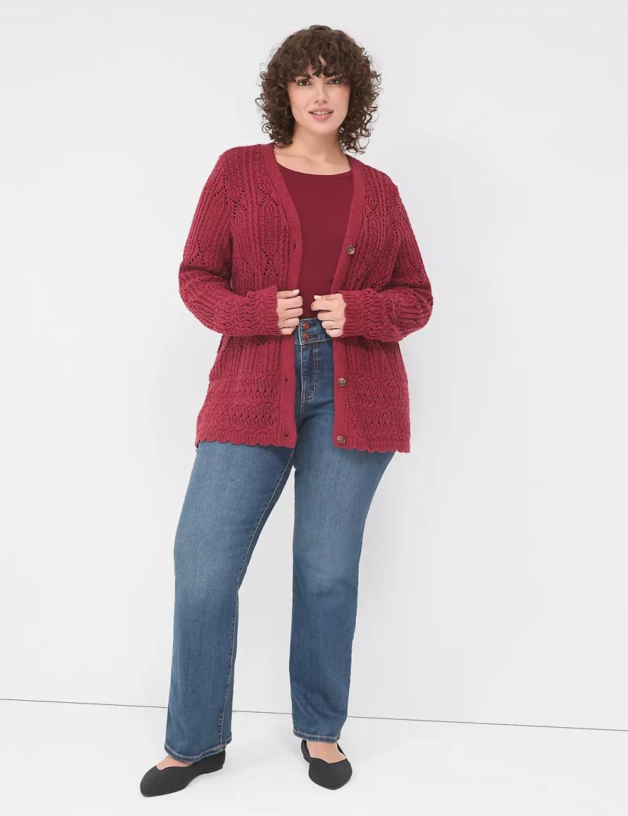 Lane Bryant Button-Front Pointelle Women Cardigan Deep Red | UFH1510XW