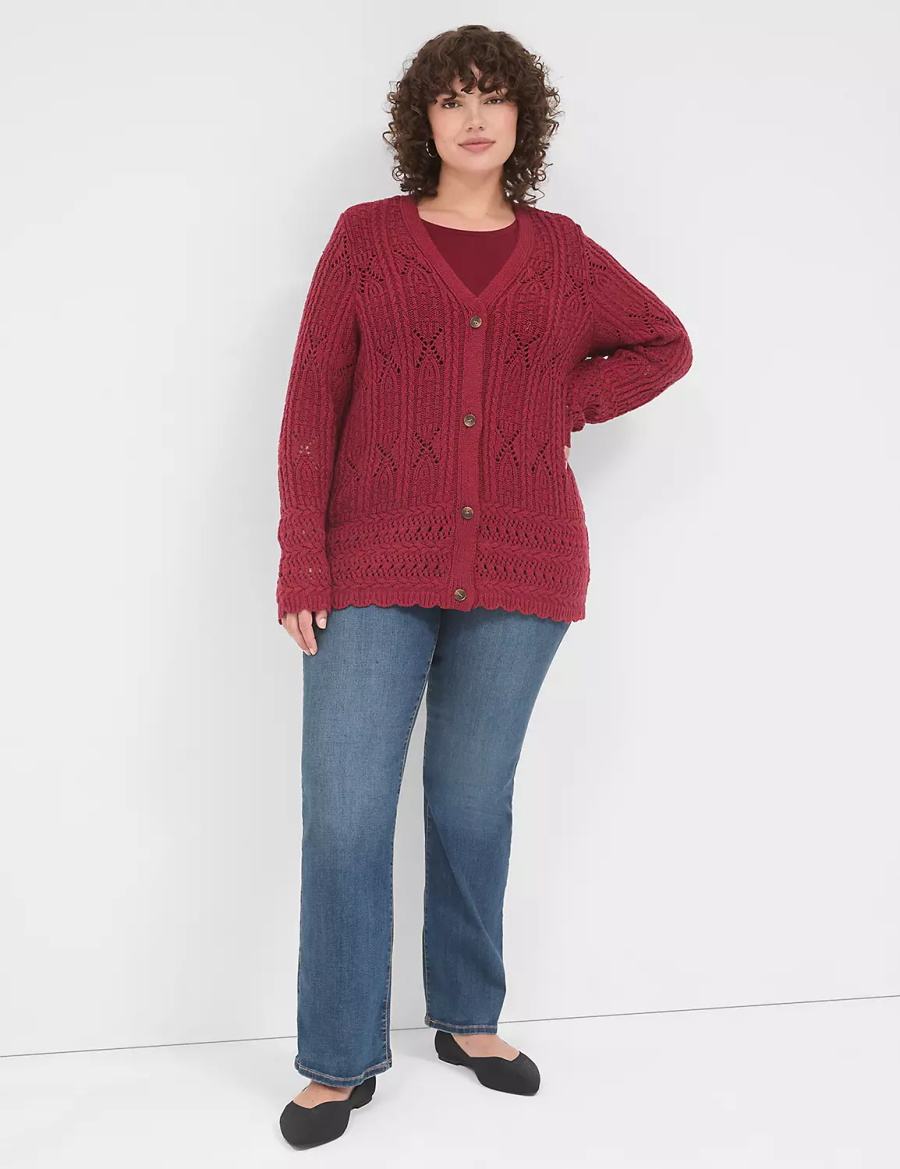 Lane Bryant Button-Front Pointelle Women Cardigan Deep Red | UFH1510XW