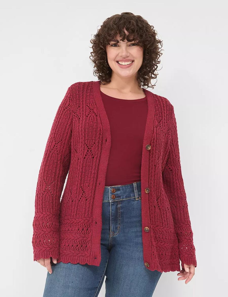 Lane Bryant Button-Front Pointelle Women Cardigan Deep Red | UFH1510XW