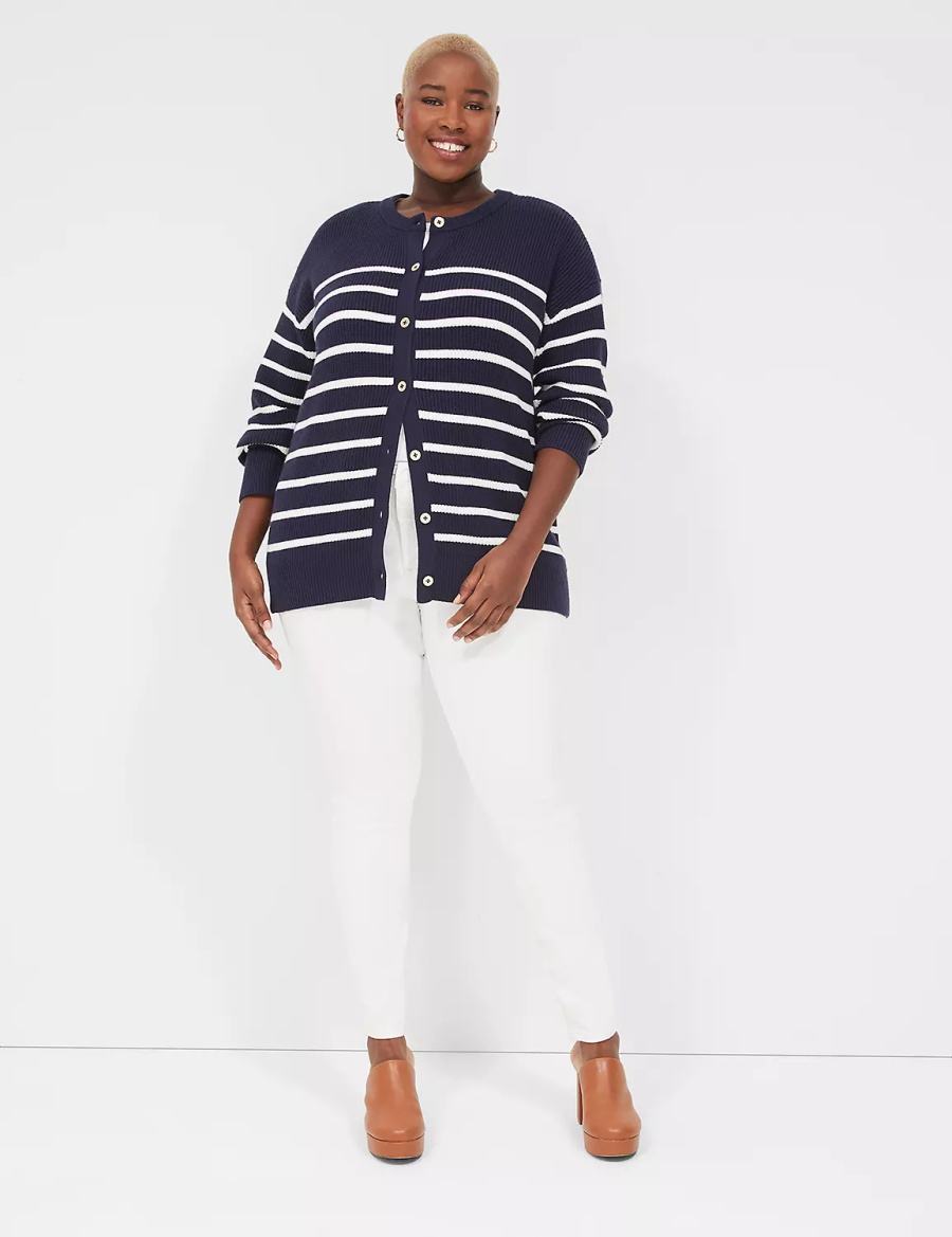 Lane Bryant Button-Front Stripe Women Cardigan Blue | QEF2518HE